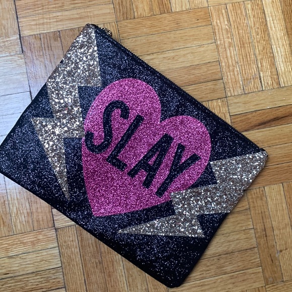 NWOT Express black glitter SLAY clutch